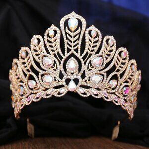 Gold diamond crown, Wedding bridal Headpiece, Peacock Tail Shape, Stunning Crown